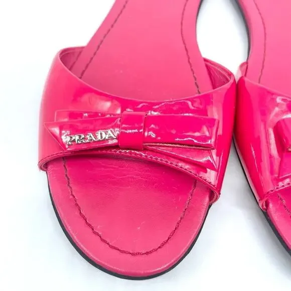 Prada Fuschia Pink  Patent Leather Logo Bow Slide Sandal flat EU 39 - Picture 3 of 9
